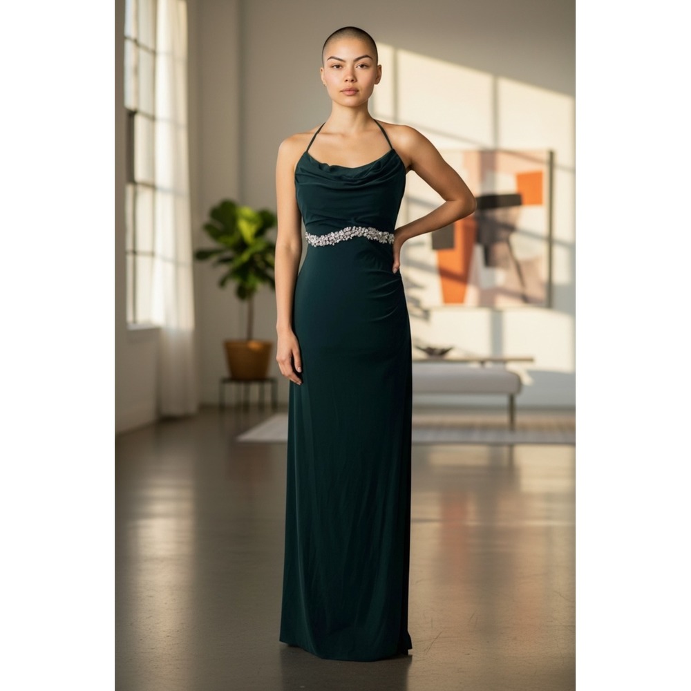 Emerald Green Beaded‎ Waist Evening Gown Spaghetti Strap Formal Dress Small